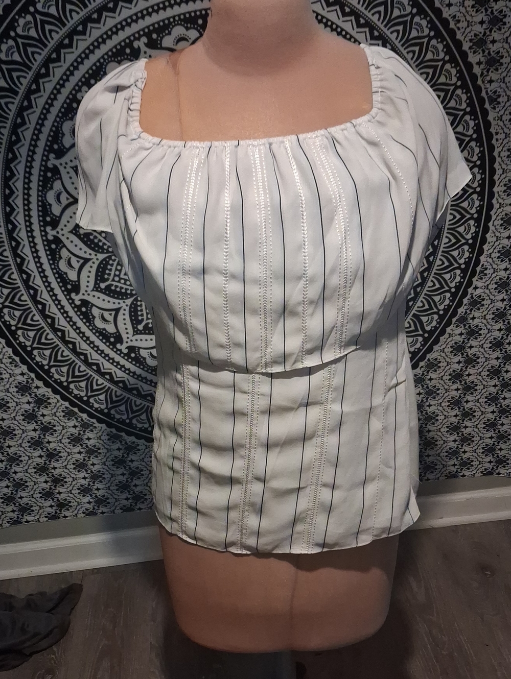 White House Black Market White Blouse with Navy Pinstripes